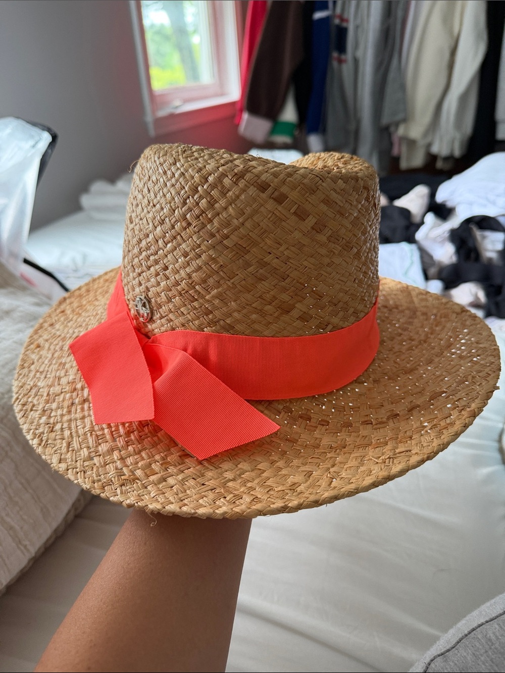 Straw Sun Hat with Coral Ribbon -Hats Accessories